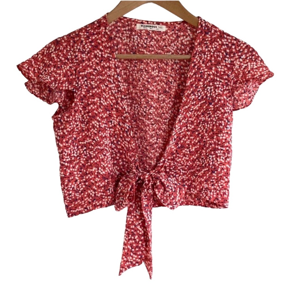 ASOS Glamorous Tall Women’s Tie Front Flutter Sleeve Floral Crop Top, Red